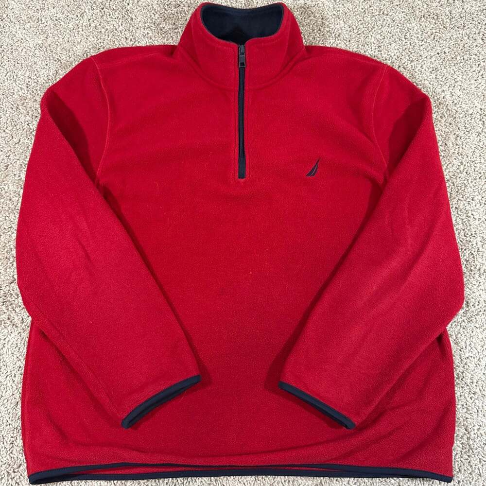 Nautica Quarter Zip Fleece Pullover Mens XL Red Logo Casual Sweater EUC